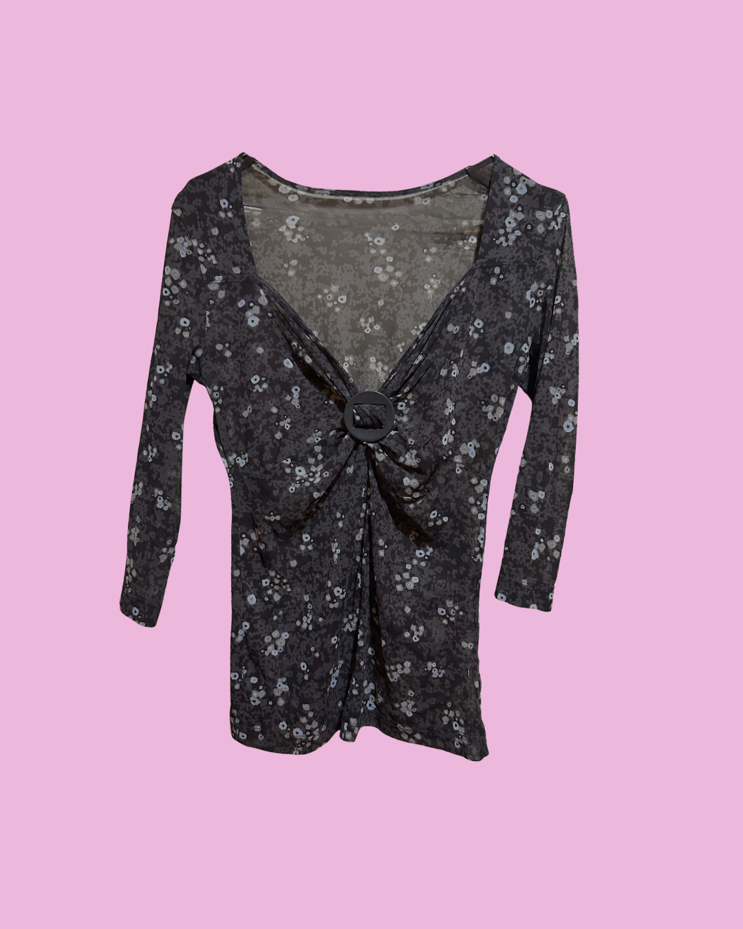 Black Floral Ring-Detail Mesh Top — photo 1