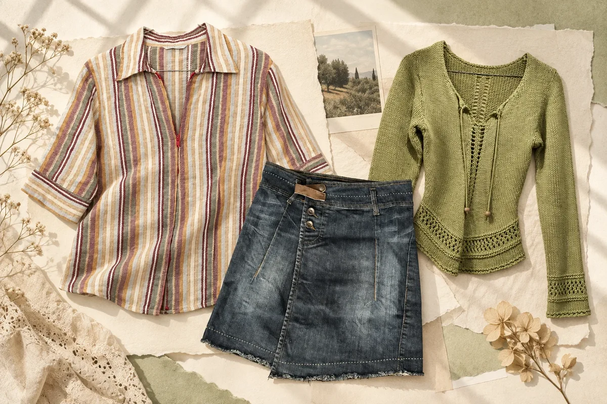 Editorial collage of a striped collared top, a dark denim wrap mini skirt and an olive knit cardigan on ivory paper
