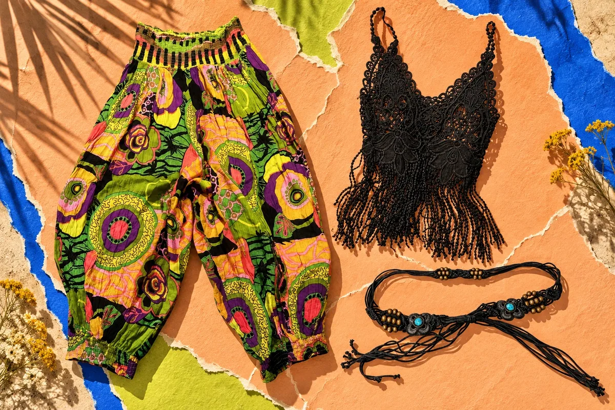 Editorial collage of psychedelic trousers, a black crochet crop top and a turquoise-detail belt on bright torn paper