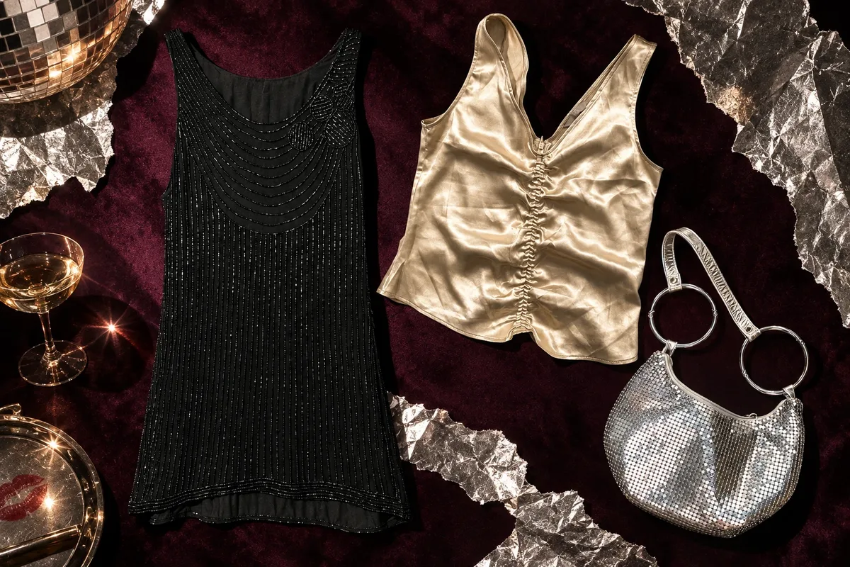Editorial collage of a black beaded mini dress, champagne satin top and silver shoulder bag against a dark plum background