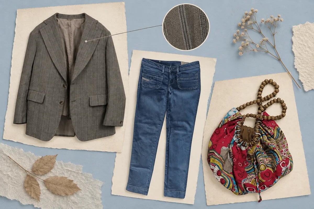 Illustrated thrifting inspection board with a grey blazer, dark jeans and a patterned wooden-bead bag on blue paper