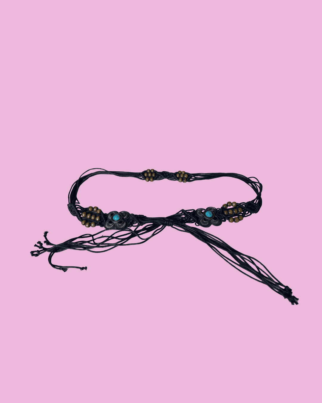 Black macramé tie belt with wooden beads, flower-shaped metal details and turquoise-coloured centres